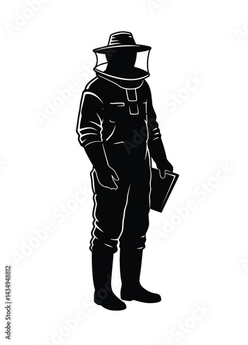 Beekeeper silhouette. A black silhouette of a beekeeper wearing protective gear, including a hat, veil, gloves, and boots, symbolizing apiculture and safety. Vector clipart illustration design.