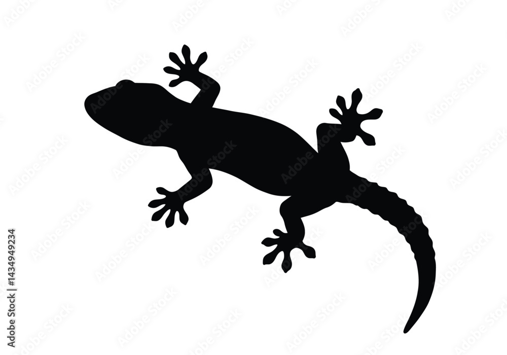 Obraz premium Gecko silhouette. This image depicts a detailed black silhouette of a gecko, also referred to as a lizard or reptile, featuring distinct legs and tail. Vector clipart illustration design.