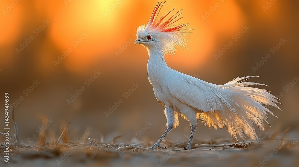 Fototapeta premium A lovely white bird with vibrant red crest at golden sunset.