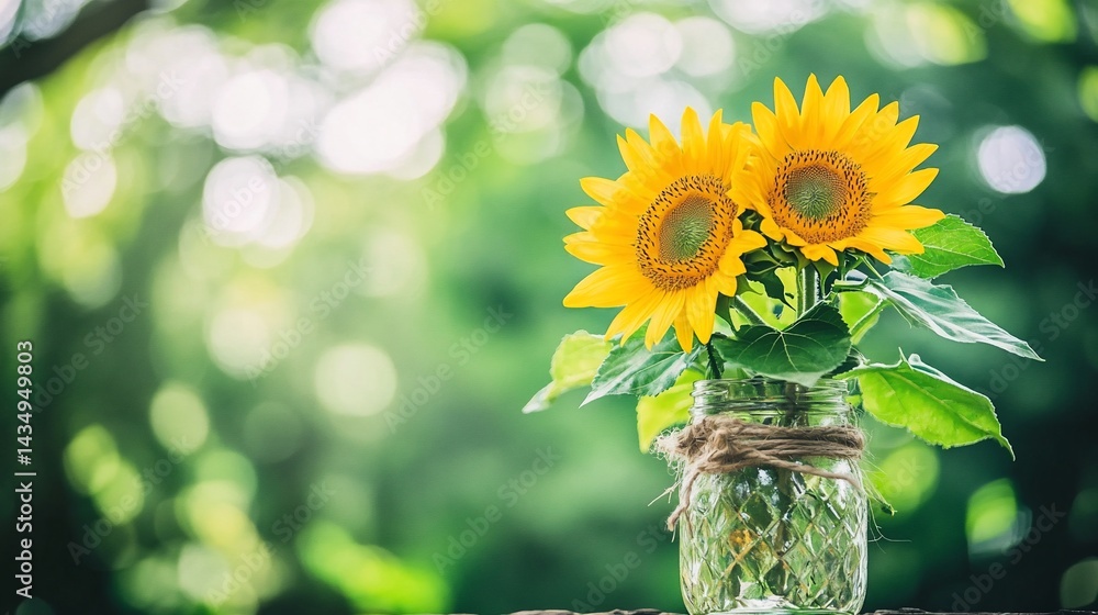 Two sunflowers in a jar against a bokeh background