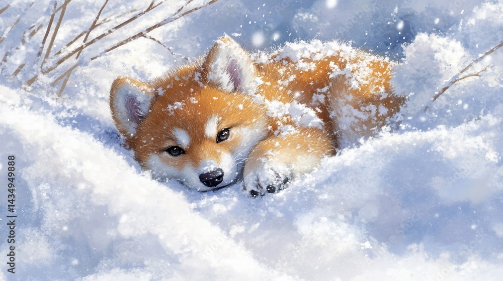 Adorable puppy resting in snowy landscape