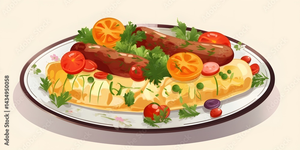Omelette with Vegetables and Sausages – Flat Vector Style Omelette with Vegetables and Sausages – Flat Vector Style