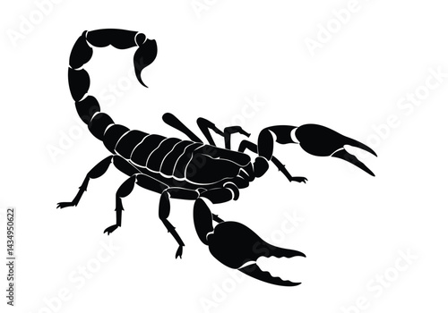 Scorpio silhouette. This image shows a black silhouette of a scorpion featuring detailed pincers, segmented body, curved stinger, symbolizing wildlife and danger. Vector clipart illustration design.