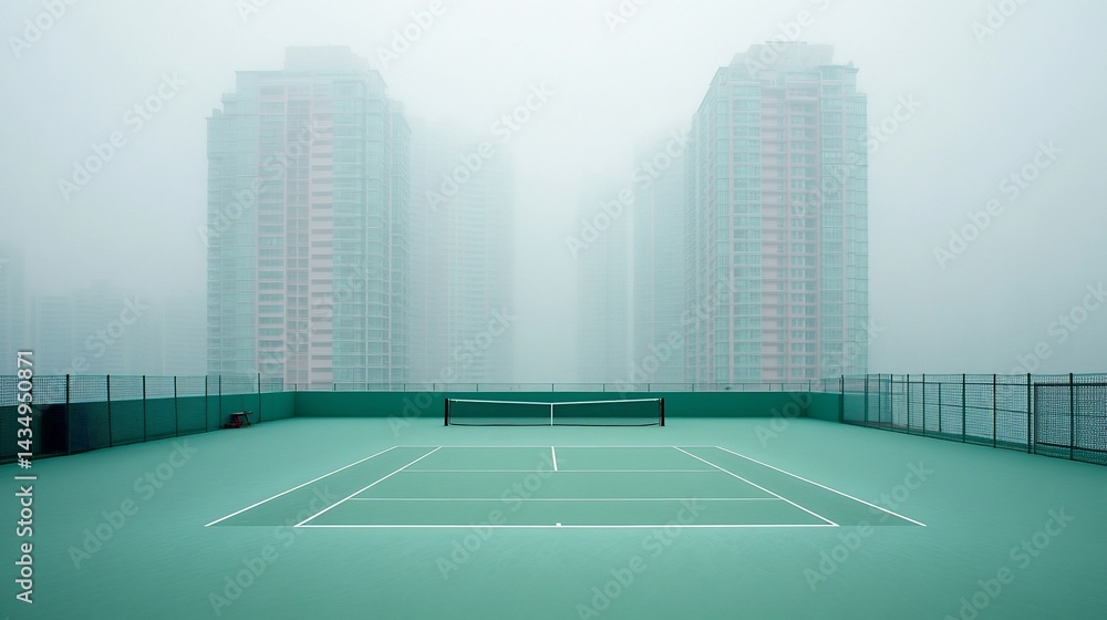 Empty rooftop tennis court shrouded in fog, with towering buildings in the background