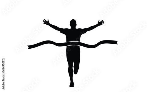 Runner finish line silhouette. This image shows a black silhouette of a runner crossing the finish line with arms raised, symbolizing triumph and achievement. Vector clipart illustration design.