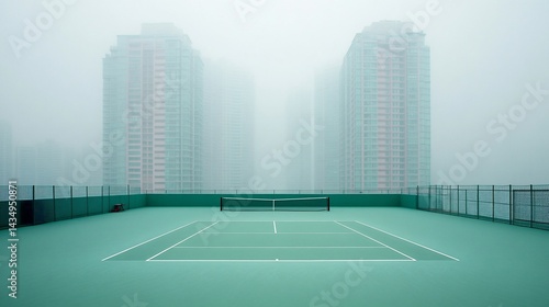 Obraz na płótnie Empty rooftop tennis court shrouded in fog, with towering buildings in the background w salonie