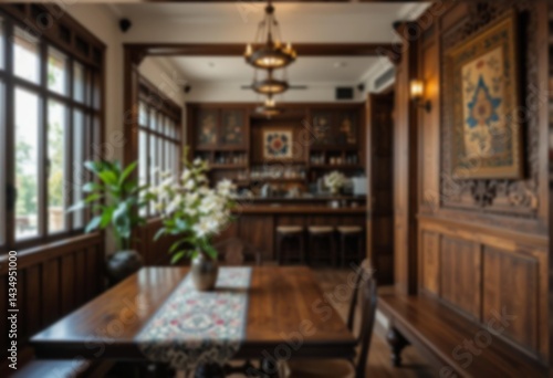 Blurry image of a restaurant interior.  javanesse restaurant interior. A blurred image of  a classic and elegant restaurant interior, perfect for background use or design elements. Blurred  background