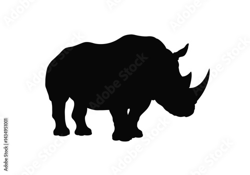 Rhino silhouette. This image shows a black silhouette of a rhino, also known as a rhinoceros, emphasizing its horn and robust physique. Vector clipart illustration design.