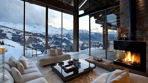 Mountain chalet living room, panoramic view