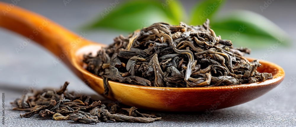 Fototapeta premium Dried black tea in wooden spoon