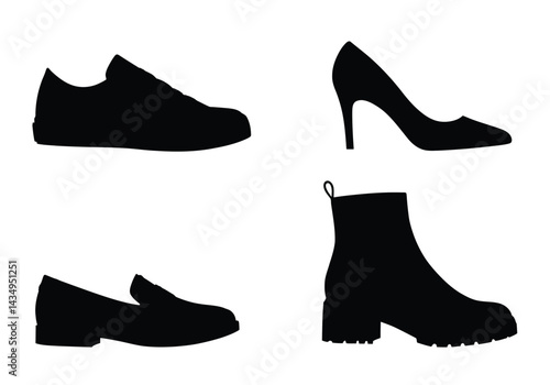 Silhouette shoes. This image shows four black silhouettes of different shoe types: sneaker, high-heel, loafer, and boot, symbolizing versatile footwear designs. Vector clipart illustration design.