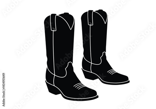 Cowboy boots silhouette. A black silhouette image of classic cowboy boots with tall shafts and detailed stitching, symbolizing western fashion and culture. Vector clipart illustration design.