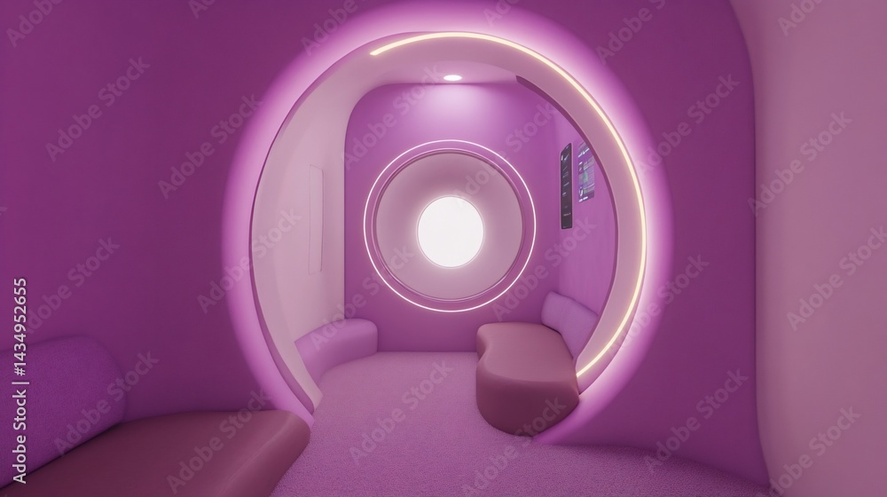 Purple, curved, waiting area