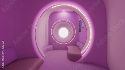 Purple, curved, waiting area