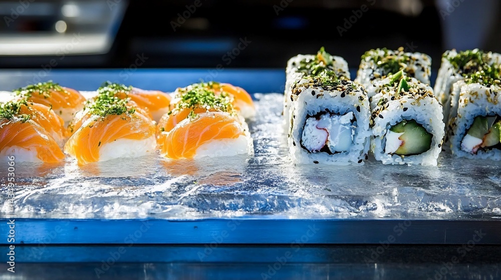 Fresh sushi selection displayed on a metal tray