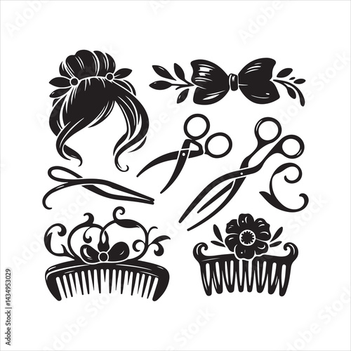 Hairstyling Tools and Accessories: Scissors, Combs, Bows, and Elegant Updo
