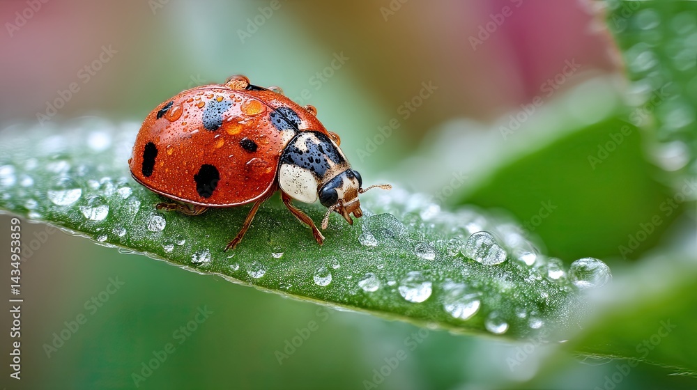 A vivid close-up of a ladybug resting on a green leaf adorned with dew droplets, showcasing nature's delicate beauty. A vivid close-up of a ladybug resting on a green leaf adorned with dew droplets, showcasing nature's delicate beauty.