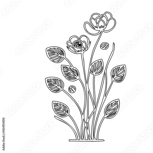Elegant floral line art composition with stylized blooms and folliage design