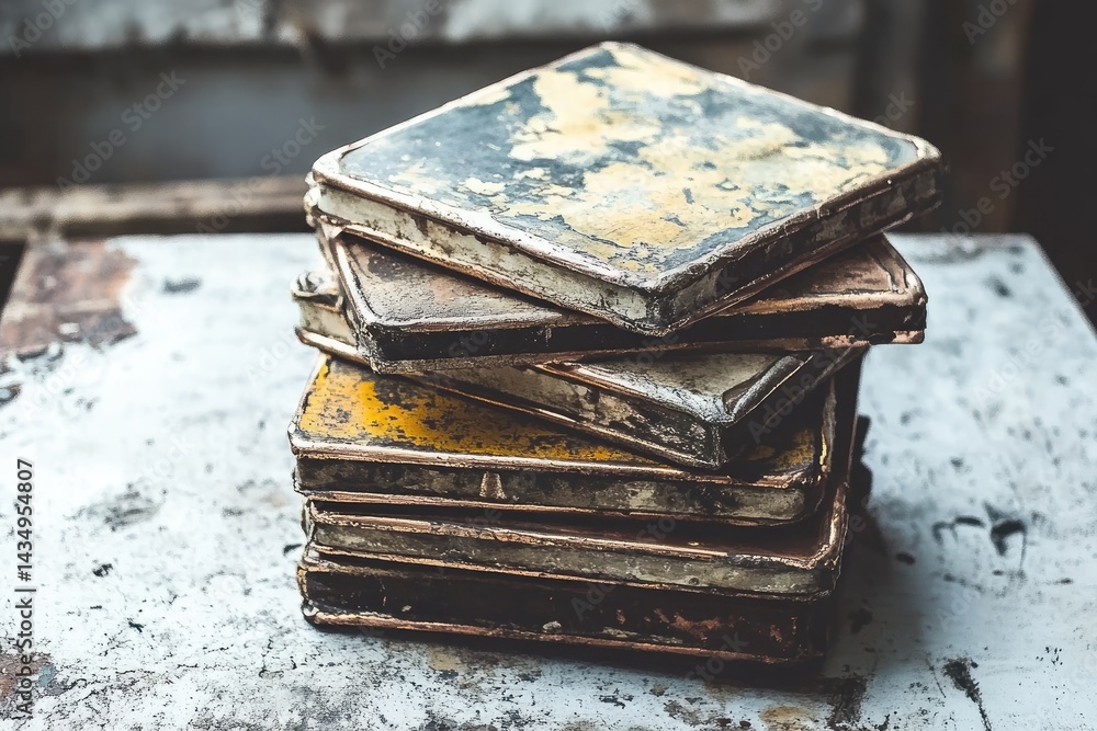 Obraz premium Stacked, weathered square metal plates