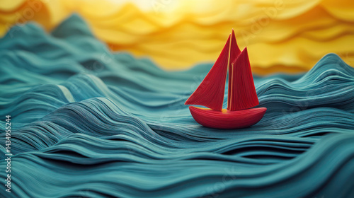 Red Sailboat on Turbulent Sea at Sunset