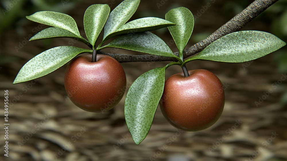 Two ripe, reddish-brown fruits on a branch with lush green leaves