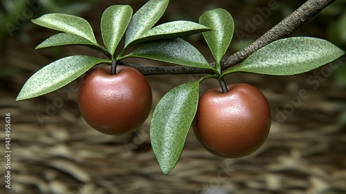 Obraz na płótnie Two ripe, reddish-brown fruits on a branch with lush green leaves w salonie