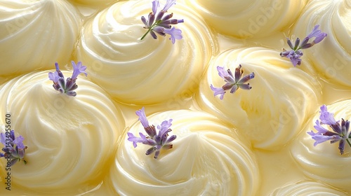 Swirled creamy dessert with lavender flowers, smooth and elegant