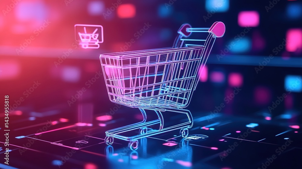 Neon-lit digital environment with a shopping cart and small cart icons. Neon-lit digital environment with a shopping cart and small cart icons.
