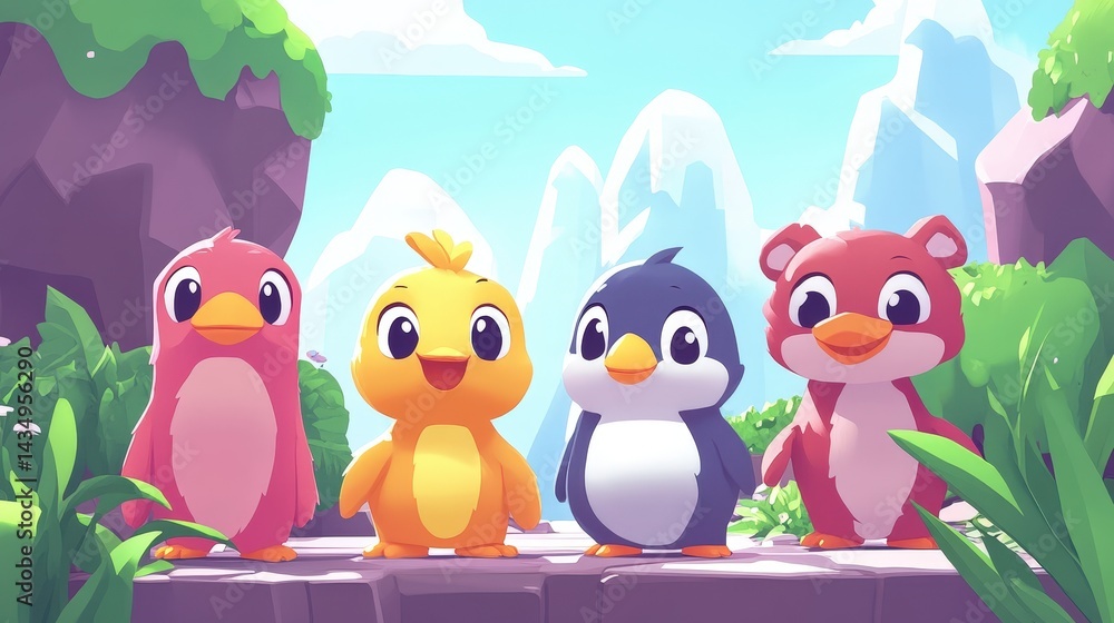 Obraz premium Four adorable cartoon animals standing together in a playful scene.