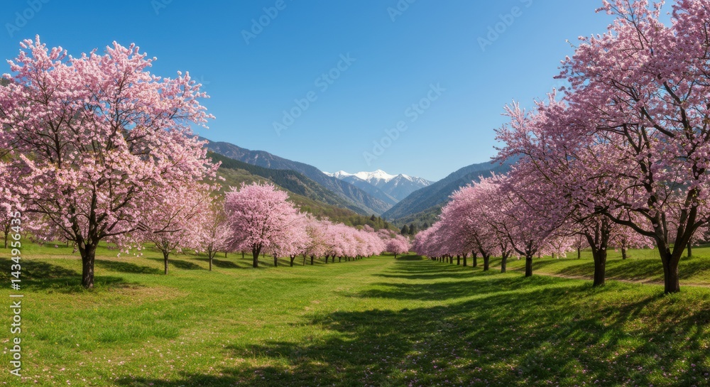 Vibrant Park Landscape with Pink Blossoming Trees in Full Bloom and Majestic Mountains Under a Clear Blue Sky Vibrant Park Landscape with Pink Blossoming Trees in Full Bloom and Majestic Mountains Under a Clear Blue Sky