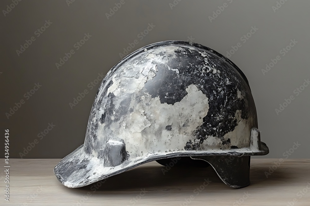 Fototapeta premium Worn construction safety hard hat helmet placed on wooden table
