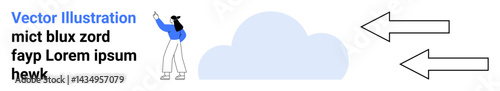 Person pointing at cloud alongside two arrows emphasizing movement or connection. Ideal for innovation, cloud computing, strategy, direction, workflow, guidance, and simple landing page