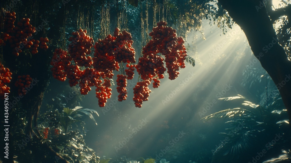 Lush jungle canopy, clusters of vibrant red berries hang from branches, sunlight streams through