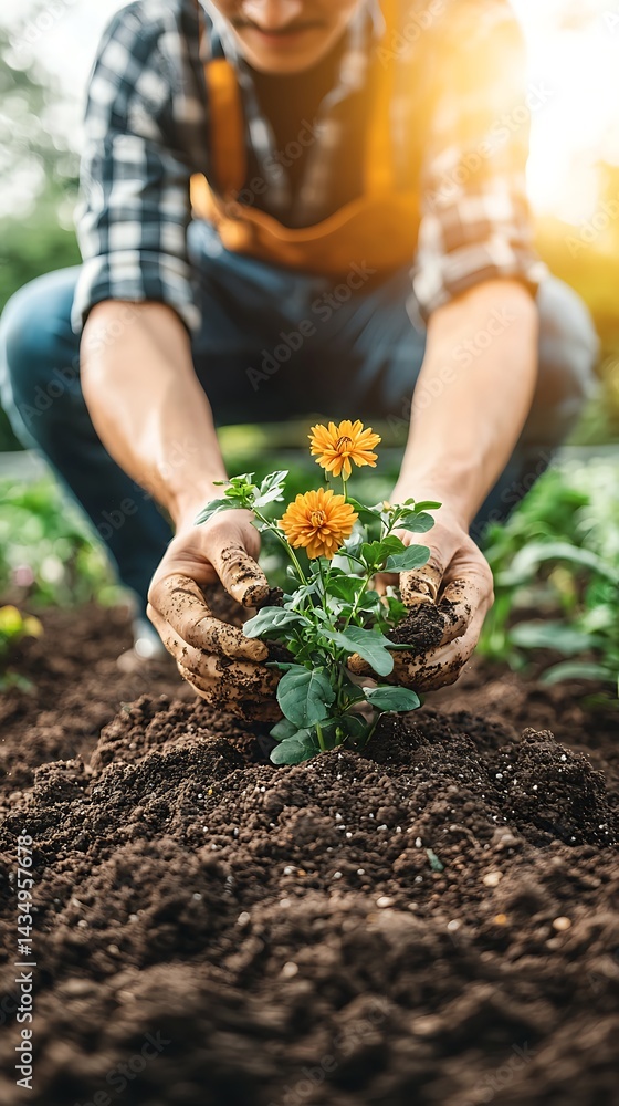Fototapeta premium Gardener planting orange flowers in rich soil, sunlight beaming