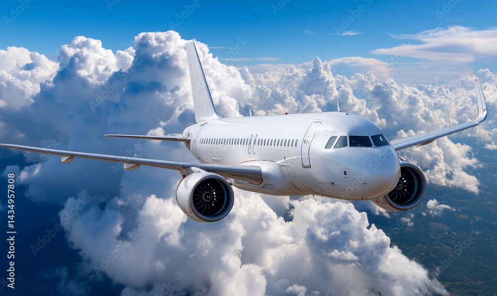 Obraz premium Modern jet airliner soaring above fluffy white clouds