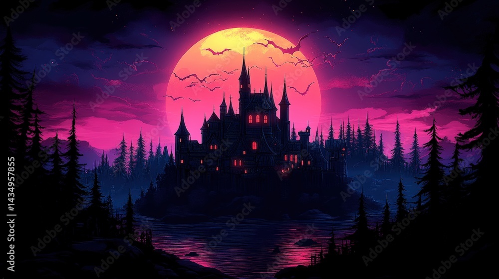 Mysterious gothic castle silhouette at twilight under a vibrant orange moon. Mysterious gothic castle silhouette at twilight under a vibrant orange moon.
