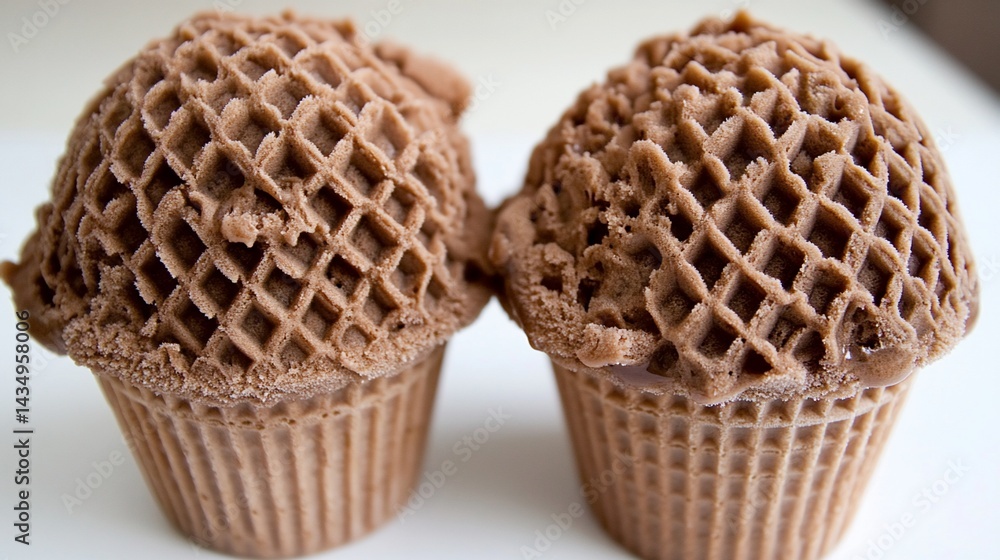 Close-up of two chocolate cupcakes with lattice frosting, light background