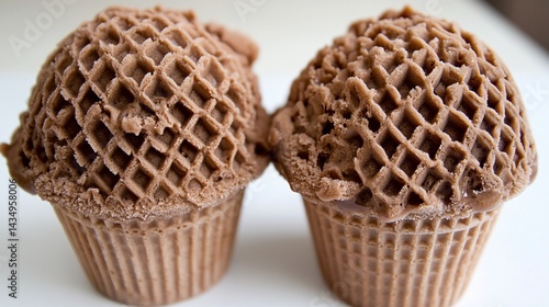 Close-up of two chocolate cupcakes with lattice frosting, light background