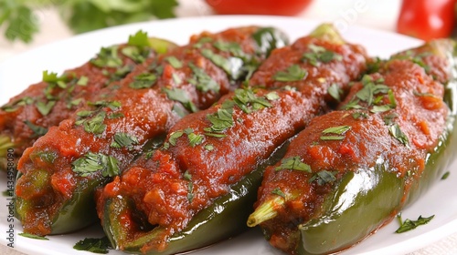 Obraz na płótnie Stuffed peppers with sauce w salonie