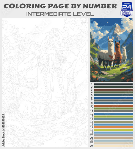 Beautiful Llamas in a Majestic Mountain Landscape - Intermediate Level Paint by Numbers Coloring Page for Adults and Teens