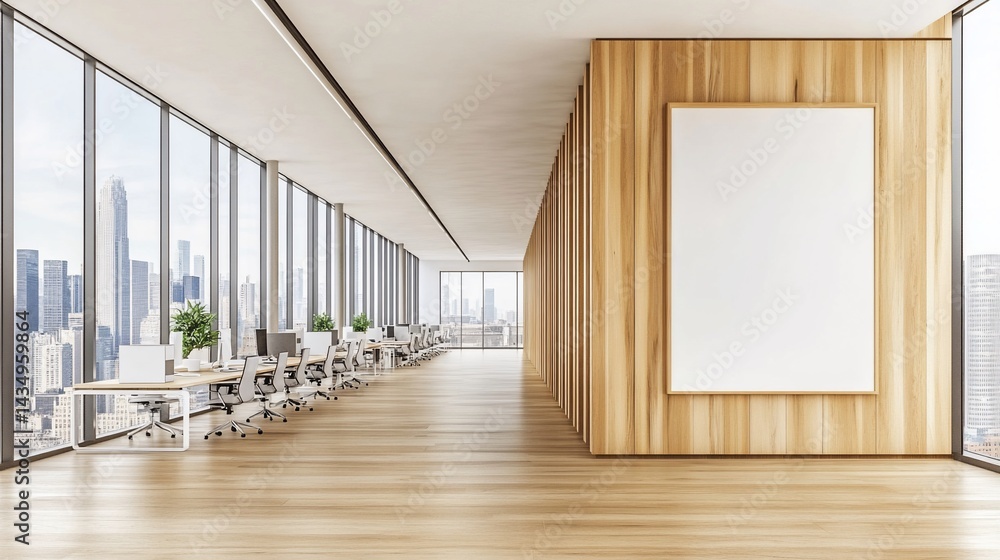 Modern office corridor with city view