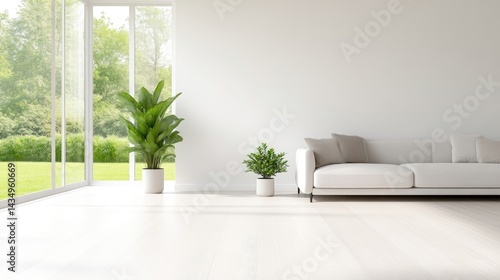 A modern white sofa with green plants in a minimalist living room, large floor-to-ceiling windows showcasing a lush garden view, and bright and airy interior design concept.
