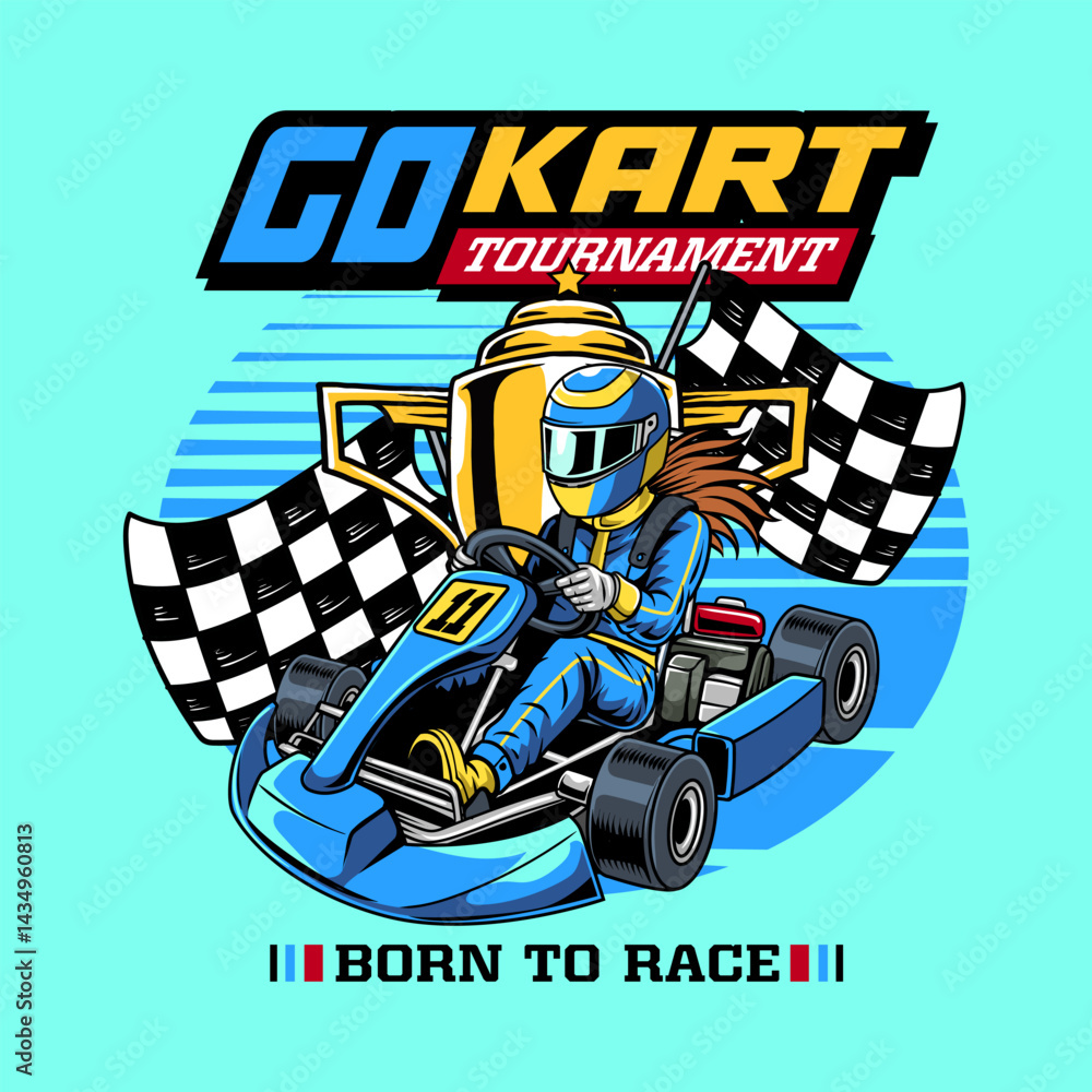 Fototapeta premium Kart sport racing, blue color with woman driver, gold trophy from side view cartoon illustration for poster, t-shirt print, business element, social media content, blog, sticker, vlog, and card