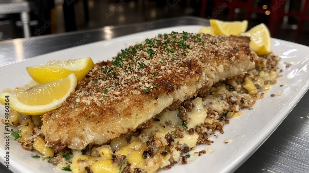 Close-up of delicious baked fish with side, lemon wedges, macro, dish, food