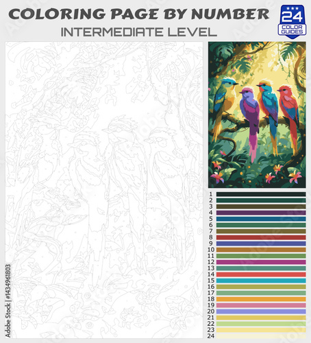 Colorful Tropical Birds Perched in a Vibrant Jungle - Intermediate Level Paint by Numbers Coloring Page for Nature and Wildlife Art Lovers