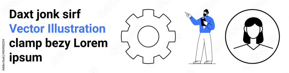 Businessperson interacting with gear icon and profile avatar, indicating a professional setting. Ideal for teamwork, collaboration, process optimization, leadership, career, productivity, simple Businessperson interacting with gear icon and profile avatar, indicating a professional setting. Ideal for teamwork, collaboration, process optimization, leadership, career, productivity, simple