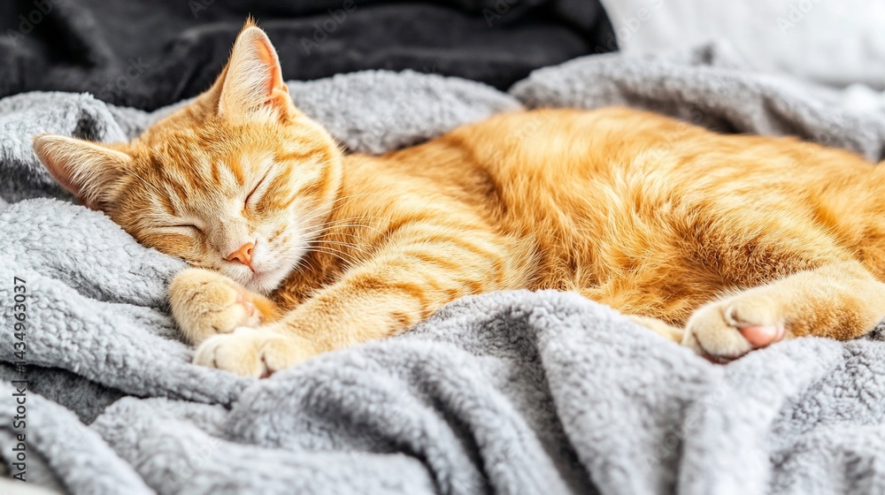 Ginger kitten sleeping soundly on soft blankets