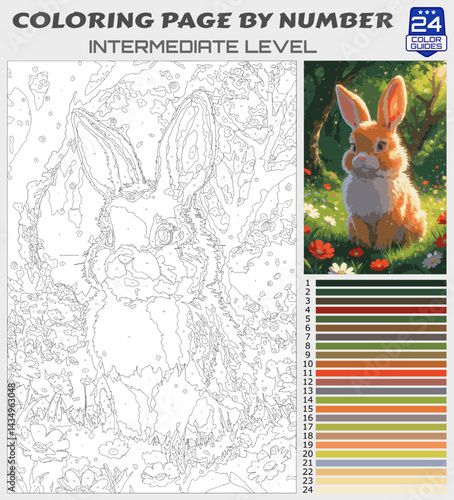 Adorable Bunny in a Flower Field – Intermediate Level Color by Number Printable Page for Spring and Easter Activities – Cute Woodland Rabbit DIY Coloring Sheet
