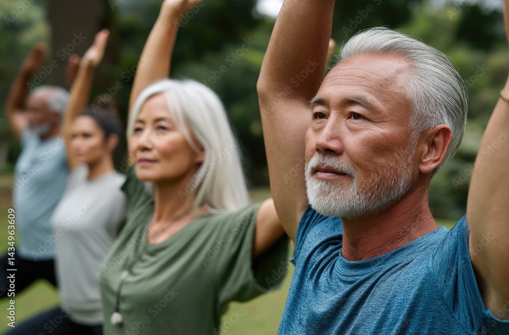 An elderly woman and a group of people are practicing qigong or yoga in a park. An elderly man wearing a blue t-shirt is standing on a grassy field An elderly woman and a group of people are practicing qigong or yoga in a park. An elderly man wearing a blue t-shirt is standing on a grassy field