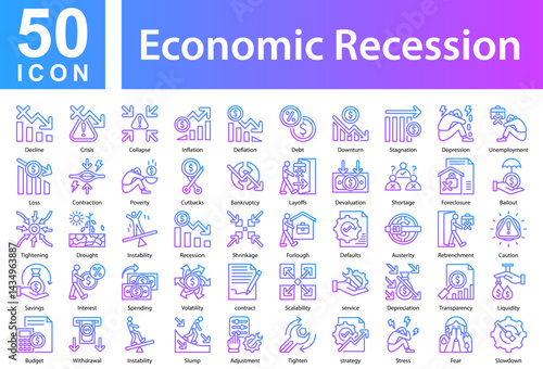 Economic Recession Icon Collection and Symple Concept Outline Gradient  
